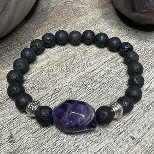 Amethyst & Lava Rock Bead Fragrance Bracelet - Genuine Crystal - NWOT